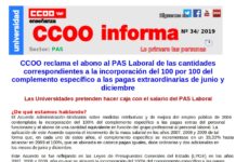 CCOO reclama las cantidades pendientes de la paga adicional del PAS Laboral