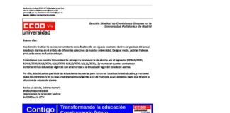 CCOO solicita al Rector el mantenimiento del empleo en la UPM ante la situación provocada por el COVID-19